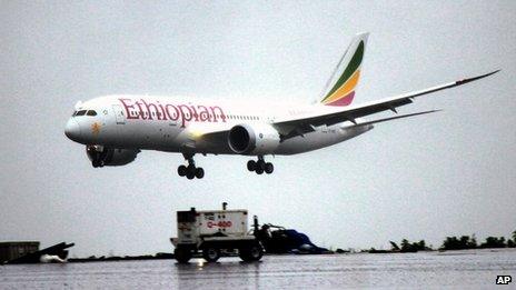 A Dreamliner Boeing 787 lands at Bole International airport in Addis Ababa, Ethiopia, Friday, Aug.17, 2012.