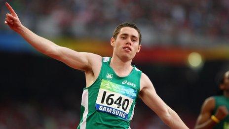 Jason Smyth after winning the T13 100m at the 2008 Paralympics in Beijing