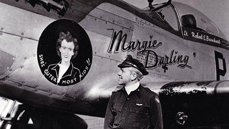 Bob Barnhart with nose art of his wife Margie