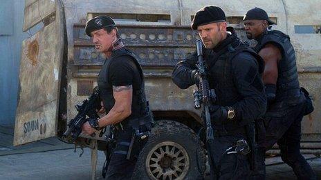 Sylvester Stallone, Jason Statham and Terry Crews in The Expendables 2