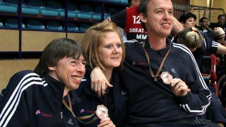 Peter McGuire, Carer (Ruth Thomson) and Stephen McGuire with their Bronze Medals after the Boccia International Tournament in Portugal.