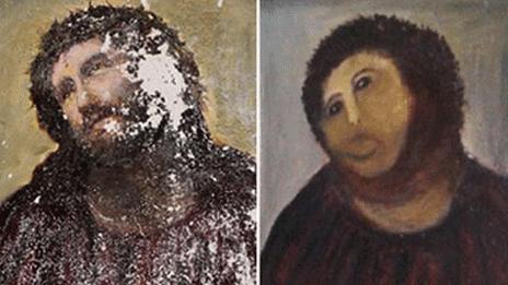 Elias Garcia Martinez's Ecce Homo (left) and the restoration