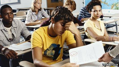 Student holding head in hands