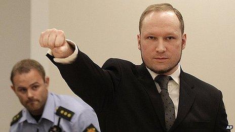 Anders Behring Breivik making fascist-style salute in Oslo court, 24 Aug 12