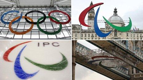 From top left, clockwise: One image of Olympics rings, three images of Paralympics Agitos