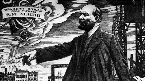 Contemporary illustration of Lenin addressing Russian workers in 1917