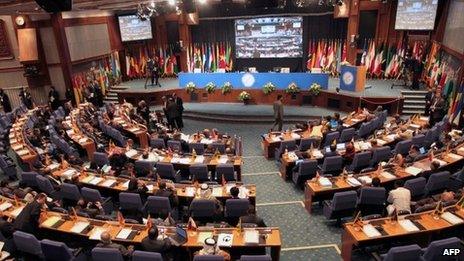 Official delegations attend the opening session of the expert-level meeting of XVI summit of the Non-Aligned Movement in Tehran on August 26, 2012.