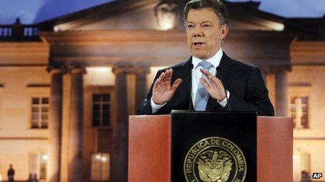 Colombian President Juan Manuel Santos speaking on 27 August 2012