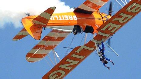 Beth Tweddle wing-walking over Gloucestershire countryside