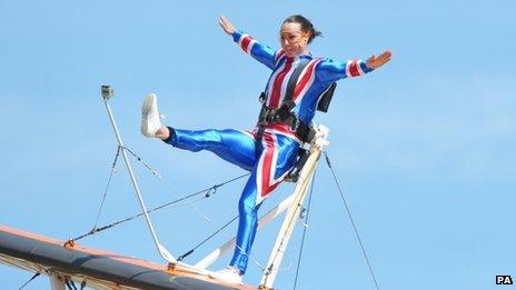 Beth Tweddle wing-walking over Gloucestershire countryside