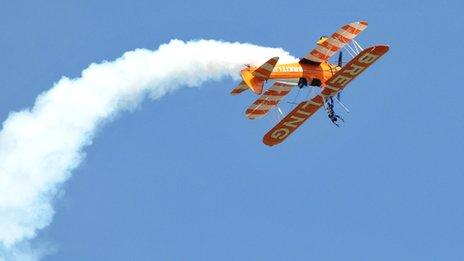 Beth Tweddle wing-walking over Gloucestershire countryside