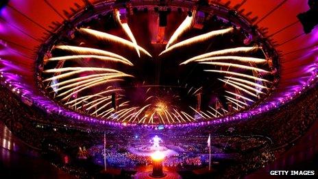 Fireworks light up the stadium as the Paralympic Cauldron burns during the Opening Ceremony of the London 2012 Paralympics