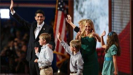 The Ryan family waves to the crowd at the Republican National Convention in Tampa, Florida 29 August 2012