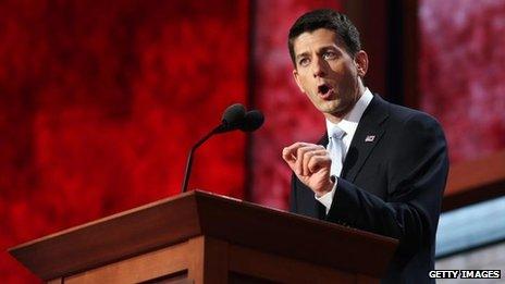 Republican vice-presidential candidate Paul Ryan speaks during the third day of the Republican National Convention at the Tampa Bay Times Forum on Wednesday