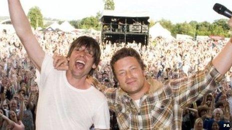 Alex James (left) and Jamie Oliver on stage at the Big Feastival on Saturday