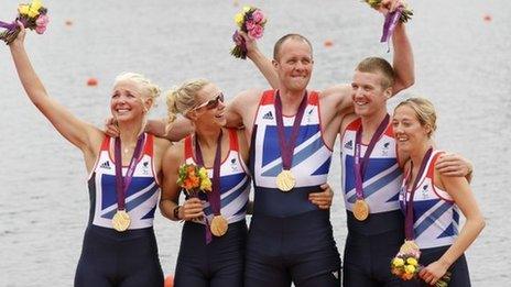 Britain's Pamela Relph, Naomi Riches, Davis Smith, James Roe and Lily van den Broecke