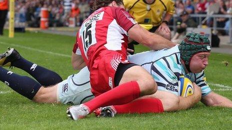 Thomas Waldrom goes over for Leicester's opening try