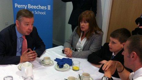 Michael Gove with Perry Beeches II parents and pupil