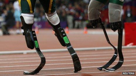 The blades of Brazil's Alan Oliveira (right) and South Africa's Oscar Pistorius are seen after the Men"s 200m T44 classification at the Olympic Stadium during the London 2012 Paralympic Games