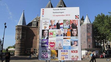 Campaign posters for political parties displayed in the centre of Amsterdam