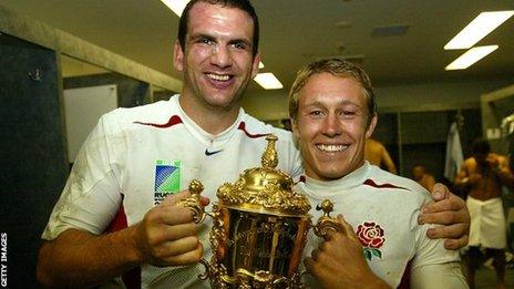 Martin Johnson and Jonny Wilkinson lift the 2003 World Cup