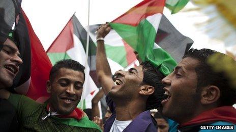 Men celebrating in Ramallah