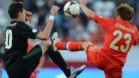 Kyle Lafferty of Northern Ireland in action against Russias Dmitri Kombarov