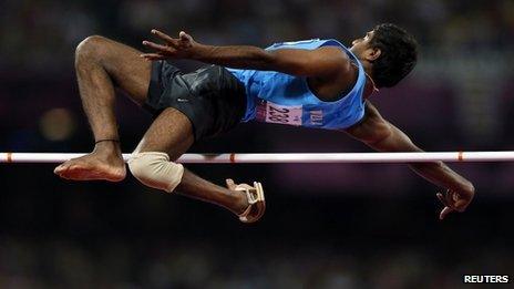 India"s Girisha Hosanagara Nagarajegowda competes in the men"s High Jump Final F42 during the London 2012 Paralympic Games at the Olympic Stadium in London, September 3, 2012