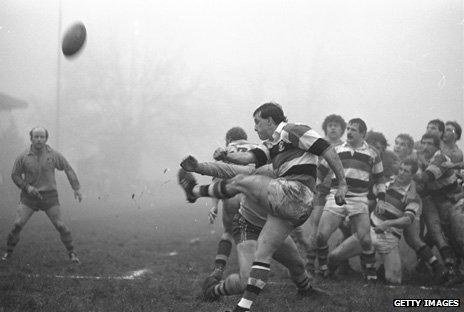 David Bishop kicks the ball for touch during Pontypool's match against Australia in 1984