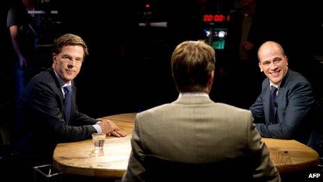 Political rivals Mark Rutte (left) and Diederik Samsom debate on TV, 10 September