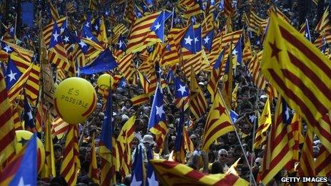 Flags of Catalan independence at the rally in Barcelona 11 September 2012