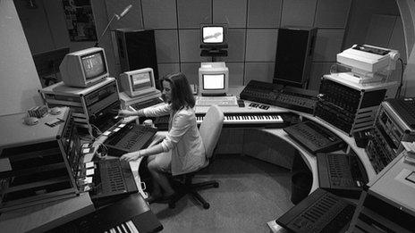 Elizabeth Parker, composer, in the BBC Radiophonic Workshop, 1989