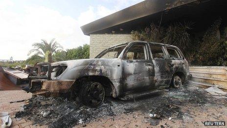 A burnt car at the US consulate in Benghazi which was attacked by gunmen