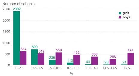 Percentage of girls and boys that went on to take physics A-level