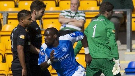 Gregory Tade celebrates scoring against Celtic