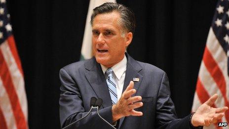 Mitt Romney speaks to the press in Costa Mesa, California, on 17 September 2012