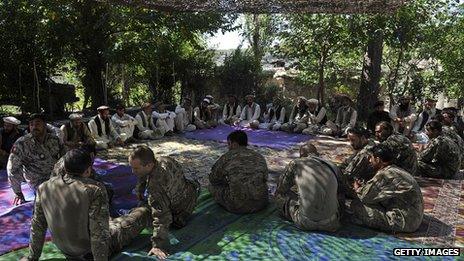 Us soldiers sit with Afghan elders - 201 Kunar