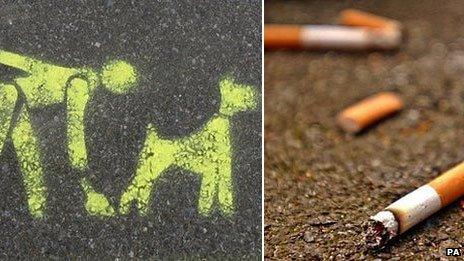 (left) A stencil on the pavement asking you to clean up after your dog, (right) cigarette butts