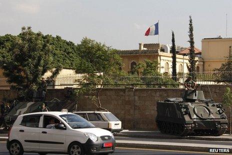 Lebanese tanks guard the French ambassador's residence in Beirut, 19 September