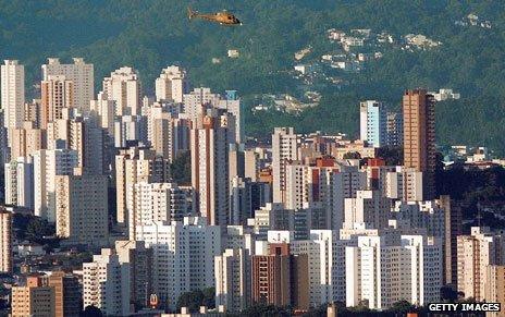 Helicopter flies over Sao Paulo