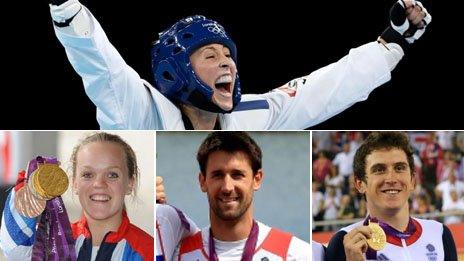 Top: Jade Jones (Getty); From bottom left: Ellie Simmonds (Getty), Tom James (PA), Geraint Thomas (PA)