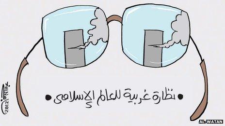 Cartoon published by al-Watan with the caption: "Western glasses for the Islamic world"