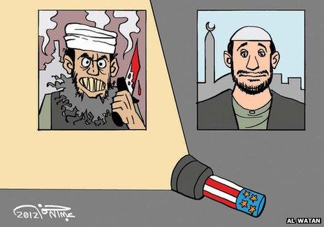 Cartoon published by al-Watan portraying two images of Arab men being interviewed for television side by side