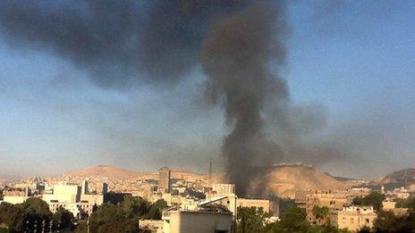 Smoke rises from the site of an explosion in Damascus on September 2