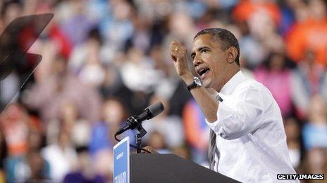 President Barack Obama gives a speech in Bowling Green, Ohio 26 September 2012