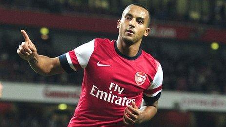 Theo Walcott celebrates scoring against Coventry