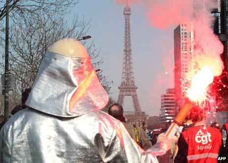 Arcelor Mittal steel-workers at a protest in Paris, 15 March