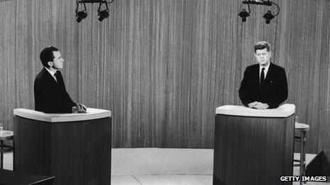 Richard Nixon and John F Kennedy at a 1960 presidential debate