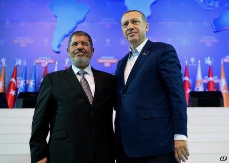 Egyptian President Mohammed Mursi (left) with Turkish Prime Minister Recep Tayyip Erdogan in Ankara, 30 September