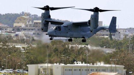 An Osprey aircraft arrives at Futenma airbase on 1 October 2012